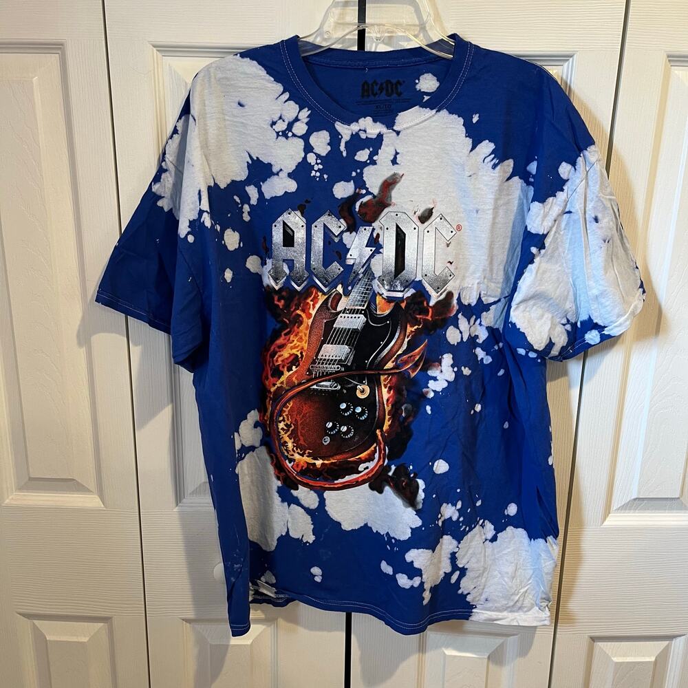 ACDC Shirt ACDC Devil Guitar on Fire Tie Dye Graphic Tee Blue White XL